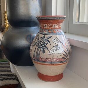 Vintage hand painted art pottery Vase with Bird Mexico terracotta